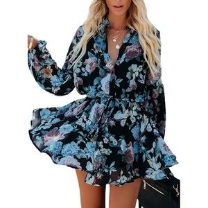 SMALL Womens Floral Print Mini Dress Ruffle Button Down Tie Waist Swing…